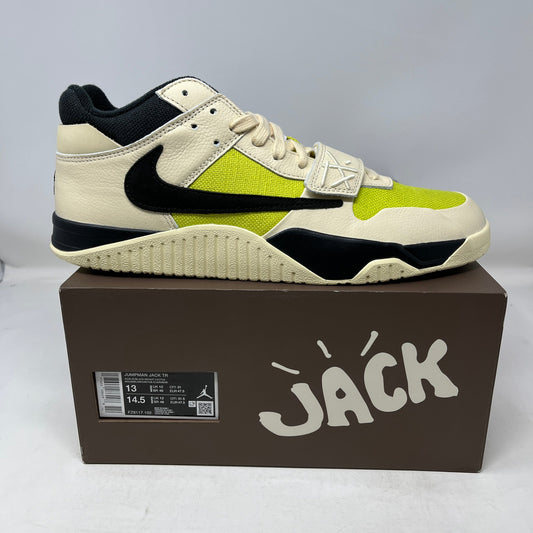 Jordan Jumpman Jack TR Travis Scott Muslin sneaker in cream, black, and yellow on brown Jack shoebox.