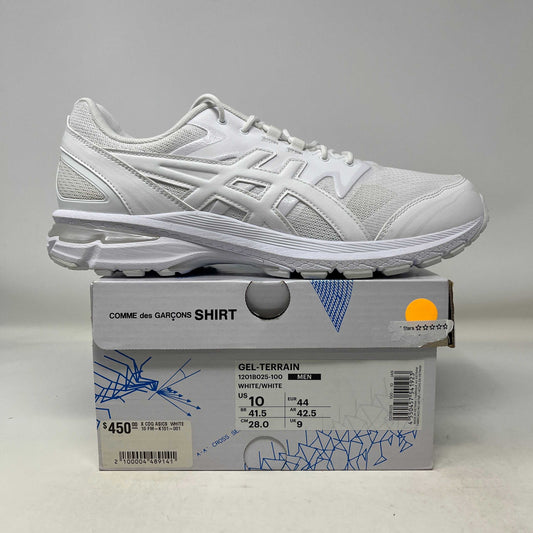 White Asics Mens Gel-Terrain X sneaker on Comme des Garcons SHIRT box