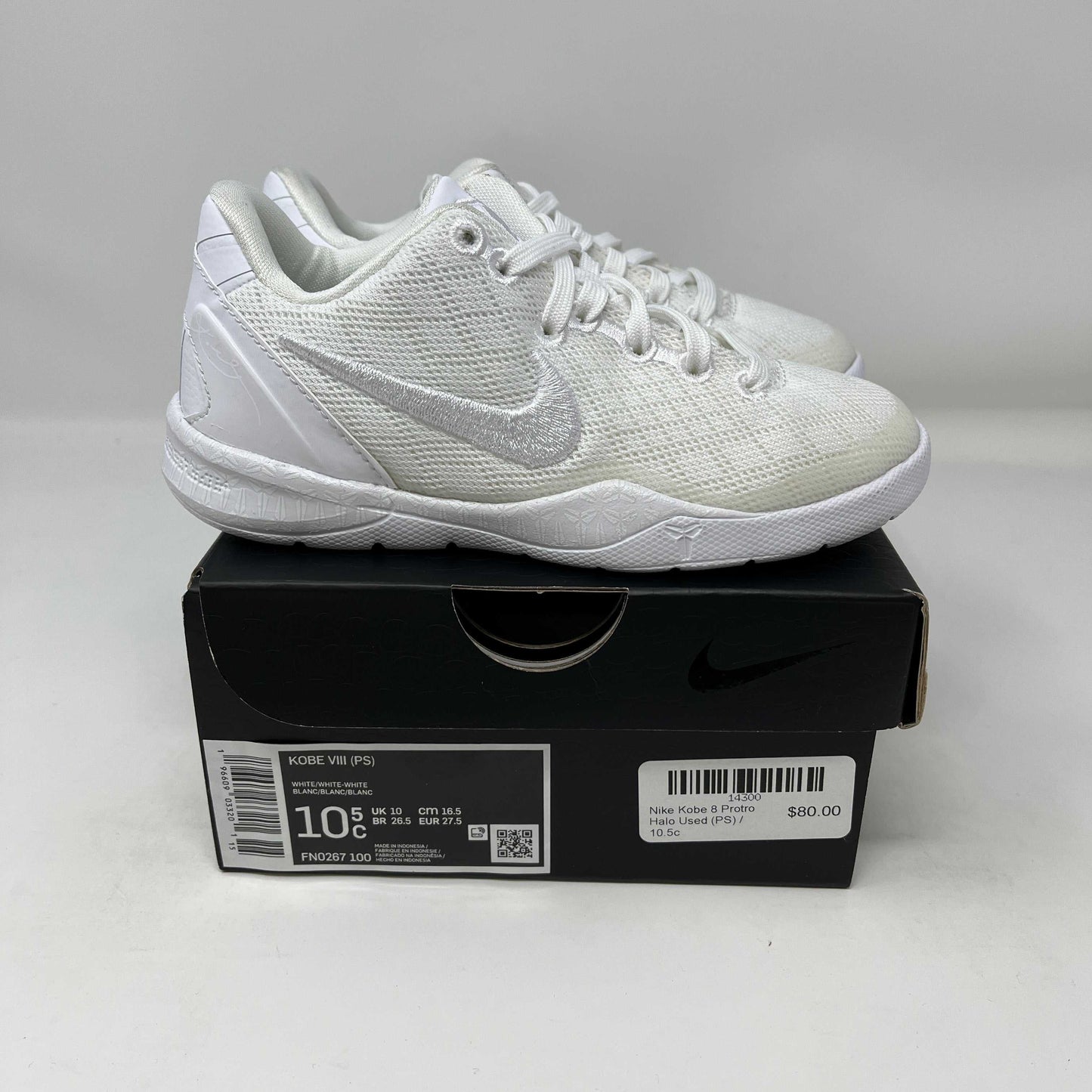 Used white Nike Kobe 8 Protro Halo basketball shoes on black box, size 10.5, original condition