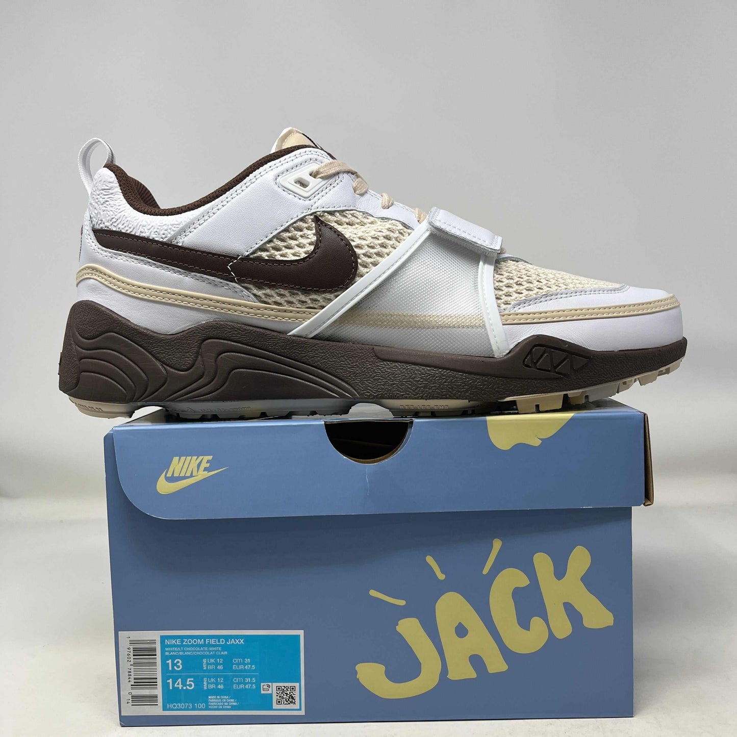 Nike Zoom Field Jaxx Travis Scott sneaker in light chocolate on blue Nike box with Jack branding