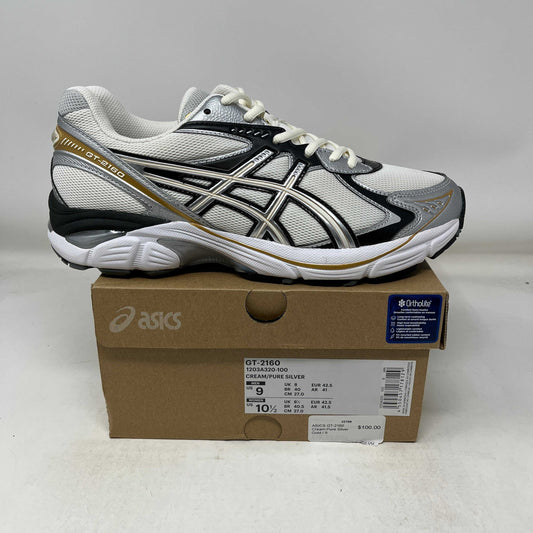 ASICS GT-2160 running shoe in cream, pure silver, and gold on box