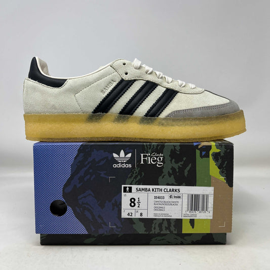 adidas Clarks Samba Kithmas white black sneaker on branded box with gum sole