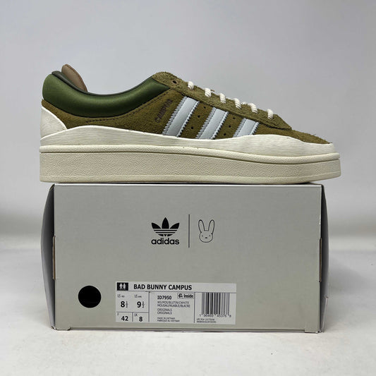 adidas Campus Light Bad Bunny Wild Moss sneaker on box with olive green suede and white sole