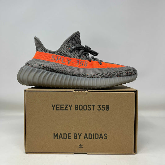 adidas Yeezy Boost 350 V2 Beluga Reflective sneaker on box with orange stripe and SPLY-350 text