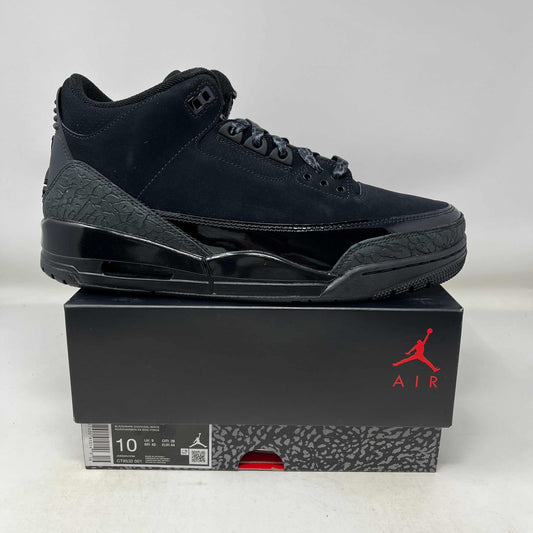Black Jordan 3 Retro Black Cat sneaker on original box with elephant print detailing