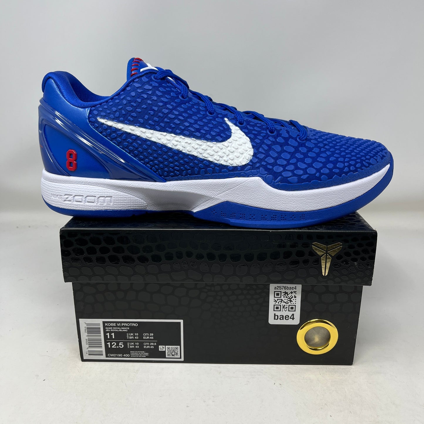 Nike Kobe 6 Protro Dodgers blue basketball shoe on box with white swoosh and red number 8 detail