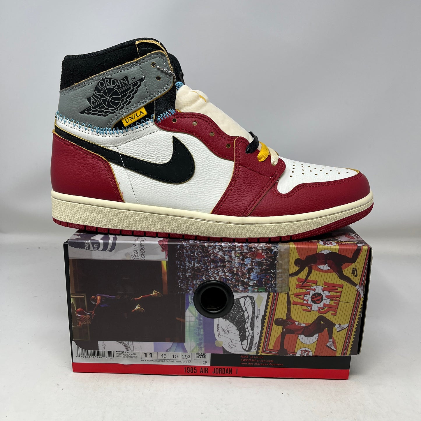 Jordan 1 Retro High OG SP Union LA Chicago Shadow sneaker side view on box