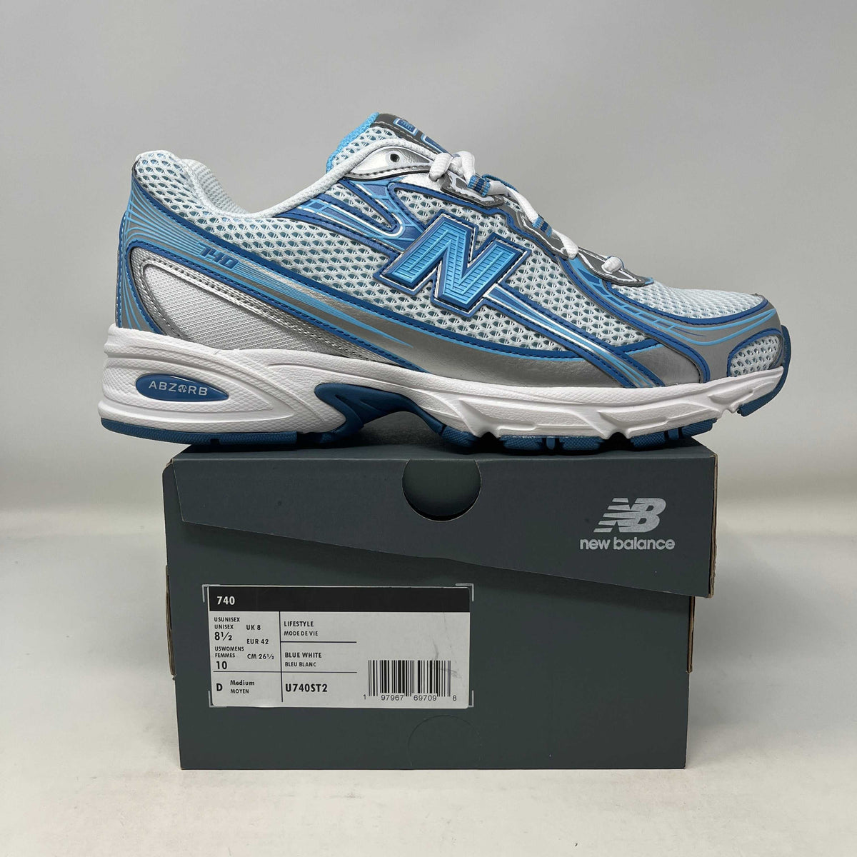 New Balance 740v2 sneaker in blue and white mesh with silver overlays, blue trim, and bold side N logo