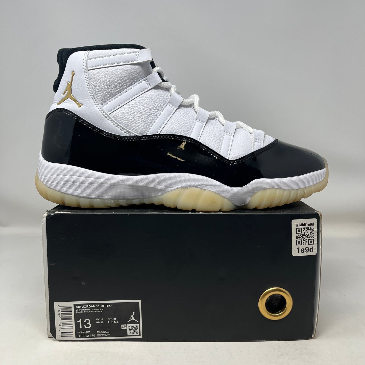 Used Jordan 11 Retro DMP Gratitude 2023 sneakers with original packaging on box