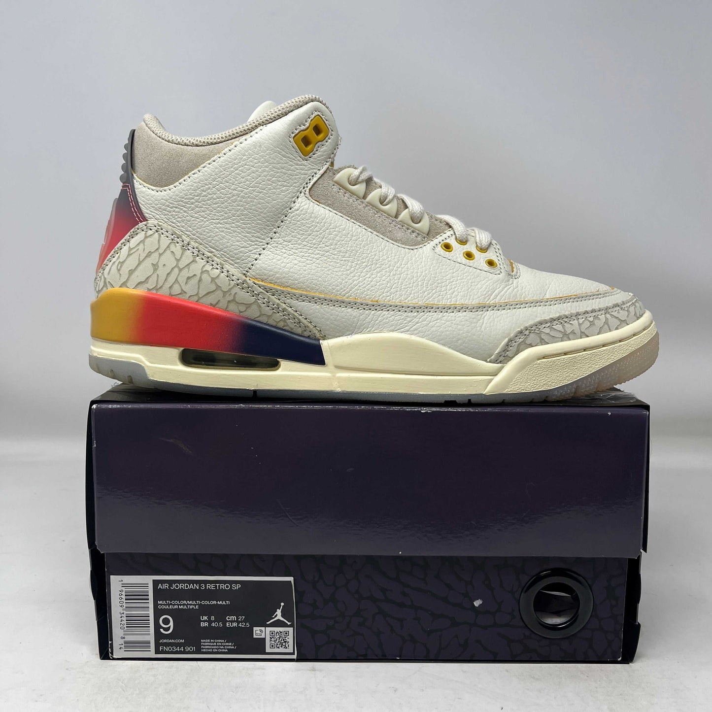 Used Jordan 3 Retro SP J Balvin Medellín Sunset sneaker on box with sunset color accents