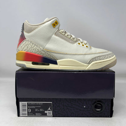 Used Jordan 3 Retro SP J Balvin Medellín Sunset sneaker on box with sunset color accents
