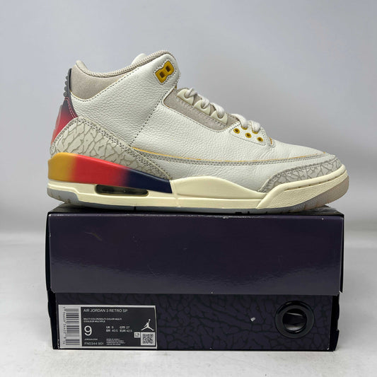 Used Jordan 3 Retro SP J Balvin Medellín Sunset sneaker on box with sunset color accents