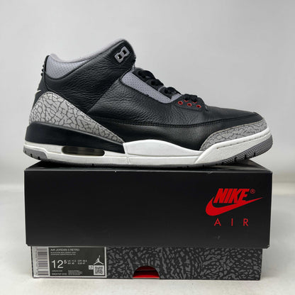 Used Jordan 3 Retro OG Black Cement sneaker on Nike Air box