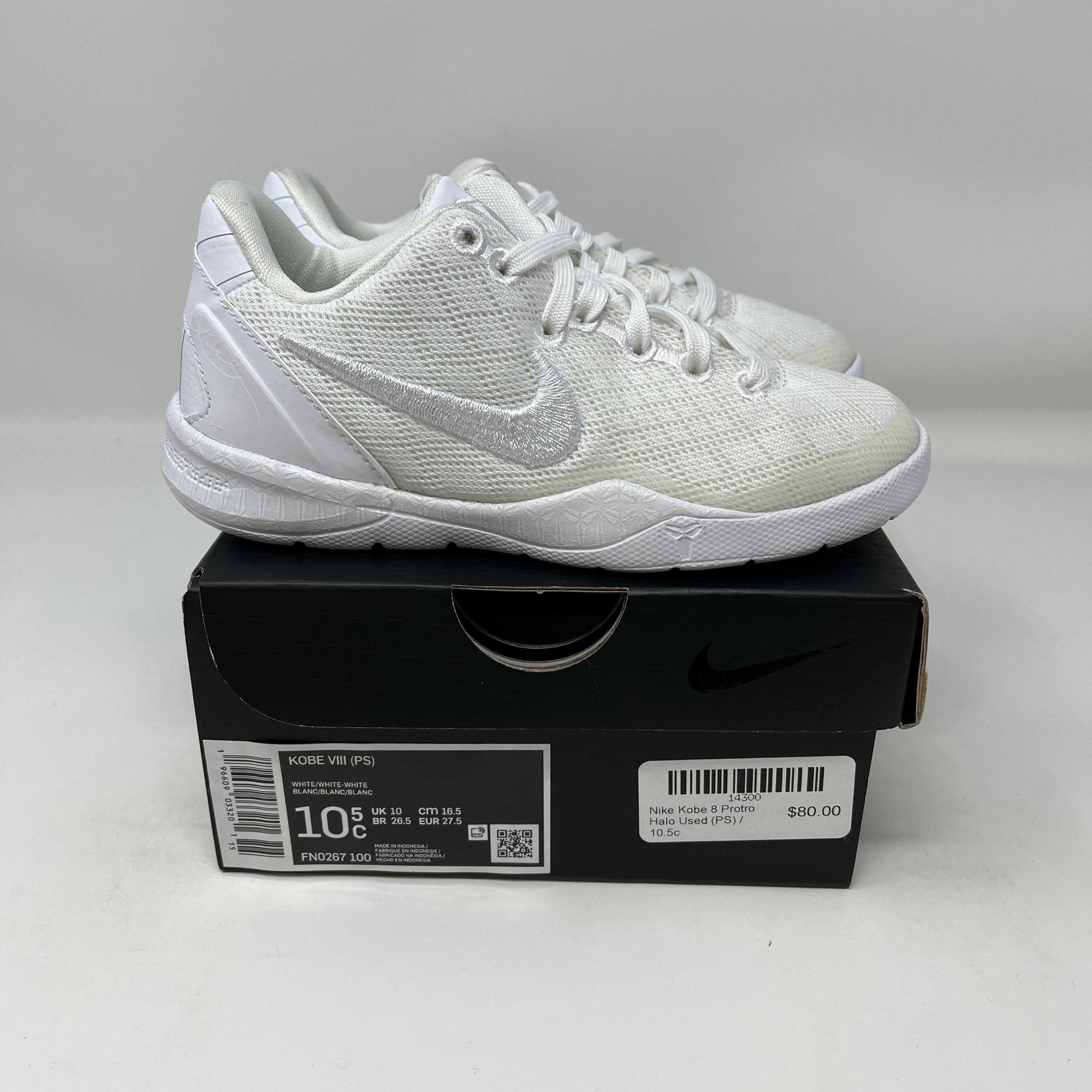 Used white Nike Kobe 8 Protro Halo basketball shoes on black box, size 10.5, original condition