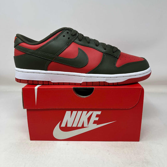 Nike Dunk Low sneaker in mystic red and cargo khaki colors on a red Nike shoebox