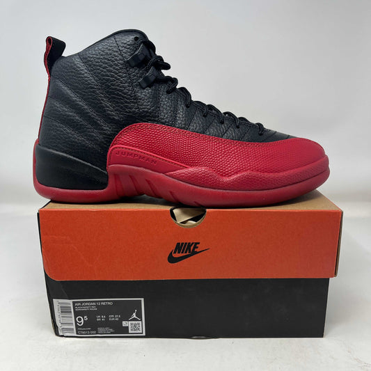 Jordan 12 Retro Flu Game 2025 sneaker in black and red on Nike box.
