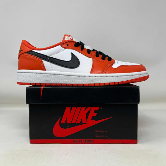 Jordan 1 Low OG Starfish women's sneaker in white, orange, and black on Nike shoebox