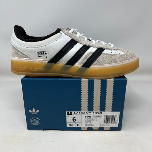 adidas Gazelle Indoor Bad Bunny sneaker with white, grey suede, black stripes, and gum sole on blue adidas box