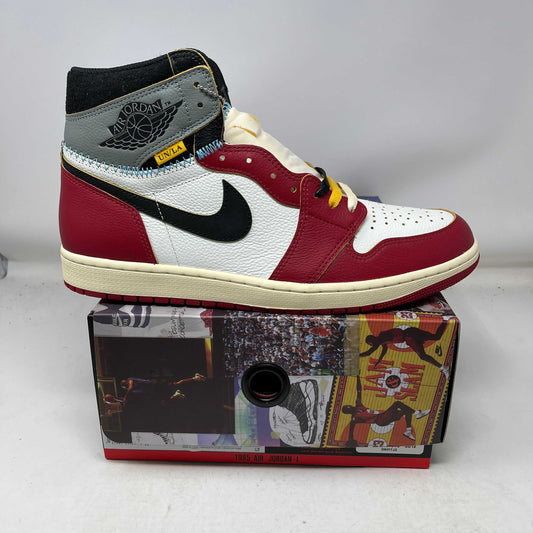 Jordan 1 Retro High OG SP Union LA Chicago Shadow sneaker in varsity red, black, sail, and shadow grey on original box