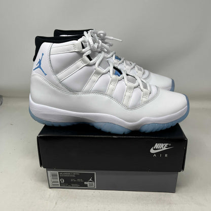 Used Jordan 11 Retro Legend Blue sneakers size 9 with white mesh and blue patent leather