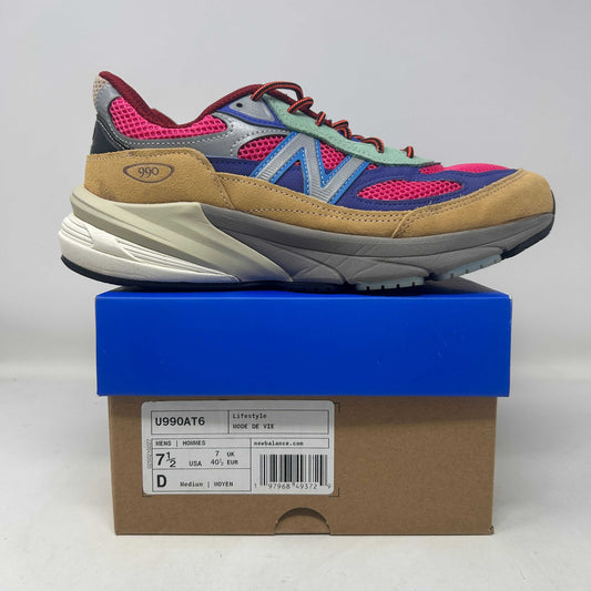 New Balance 990v6 MiUSA Action Bronson Ainôzama sneaker with tan suede, hot pink mesh, blue accents and layered sole.