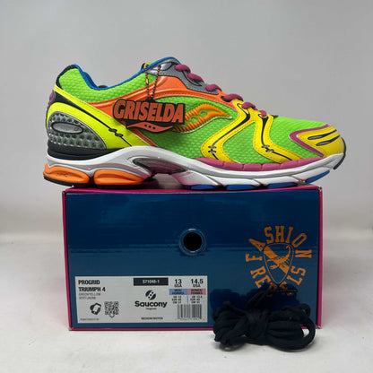 Saucony ProGrid Triumph 4 sneaker in neon yellow mesh with orange and pink overlays, Griselda graphic, and ProGrid sole.