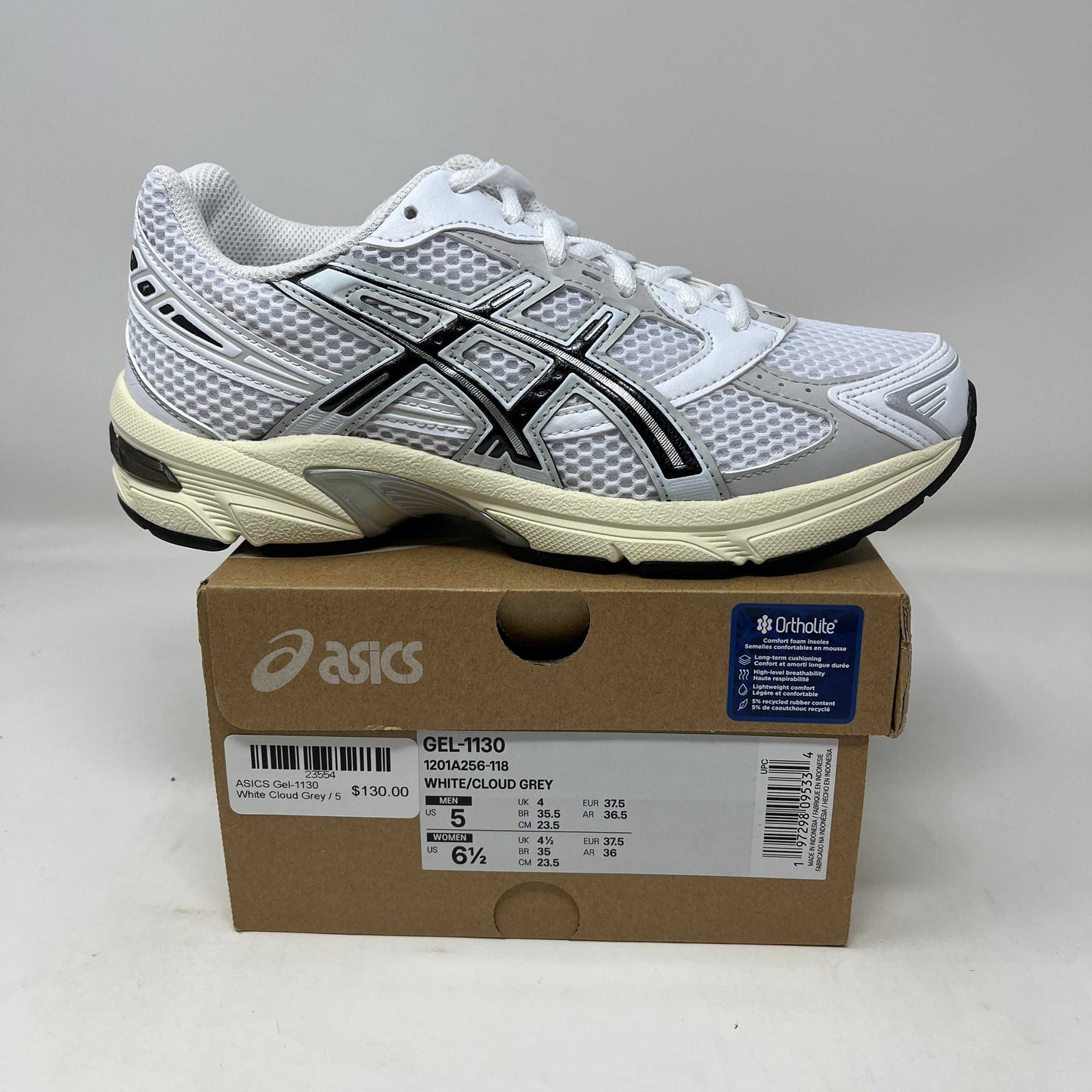 ASICS Gel-1130 white and cloud grey running shoe on brown ASICS box