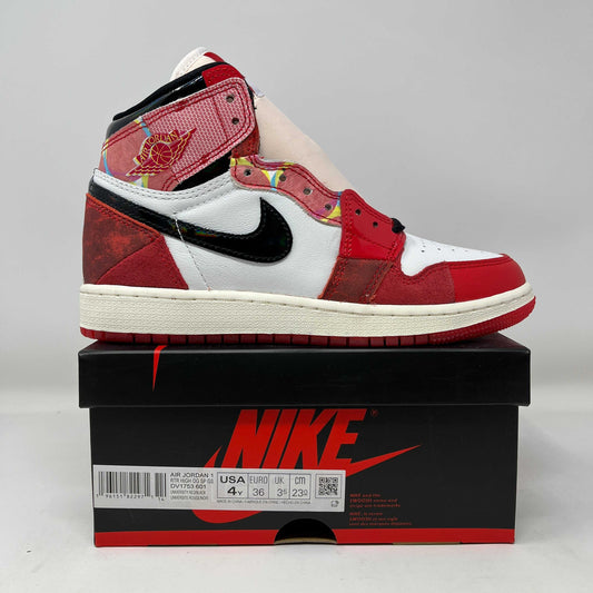 Jordan 1 Retro High OG Spider-Man Spider-Verse GS sneaker in red, white, and black on Nike box