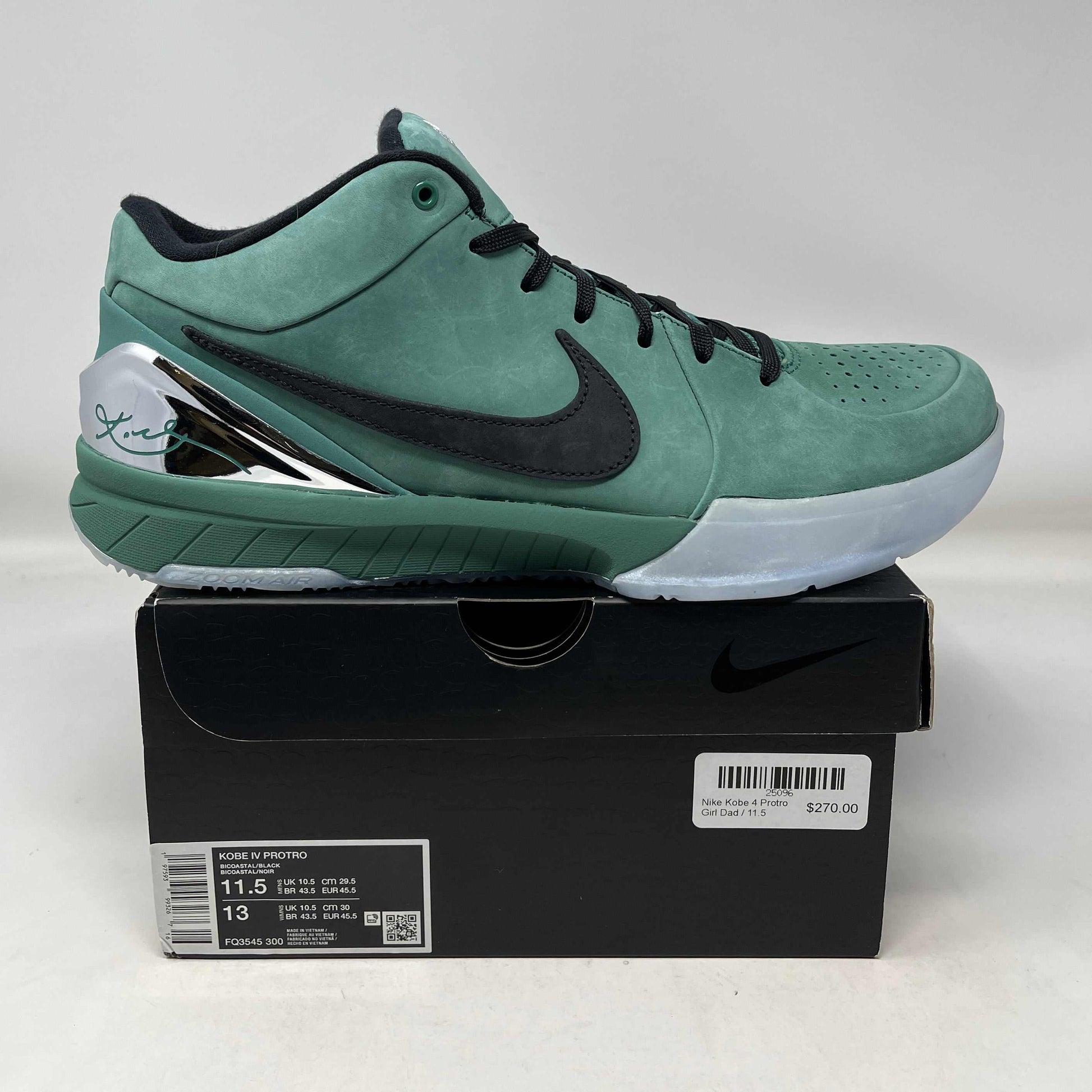 Nike Kobe 4 Protro Girl Dad sneaker in green and black on a Nike shoebox with signature detail and price tag.
