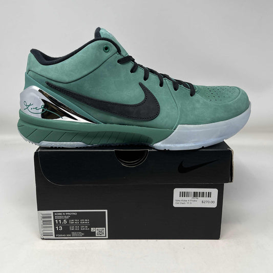 Nike Kobe 4 Protro Girl Dad sneaker in green and black on a Nike shoebox with signature detail and price tag.