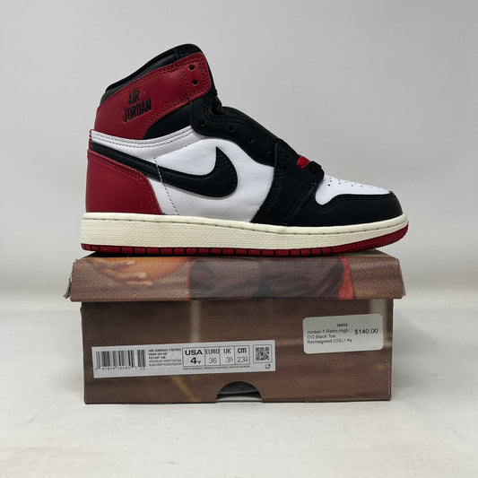 Jordan 1 Retro High OG Black Toe Reimagined GS sneaker on box with red, black, and white colorway