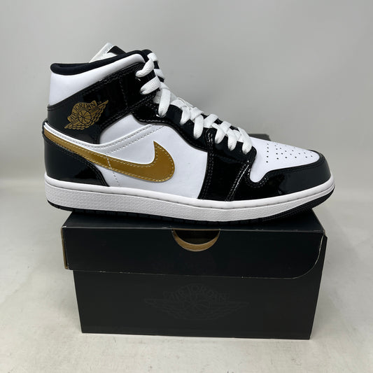 Jordan 1 Mid Patent Black White Gold