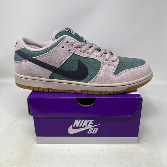 Nike SB Dunk Low Pro sneakers in mineral slate suede and leather with dark Swoosh and gum outsole