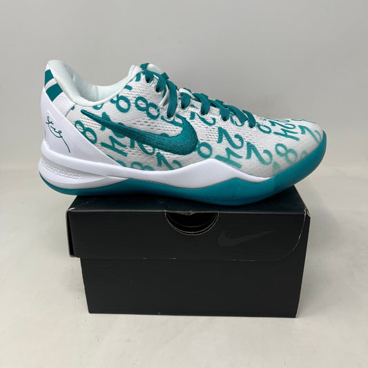 Nike Kobe 8 Protro Radiant Emerald basketball shoe in white engineered mesh with teal number print, Swoosh and sole.