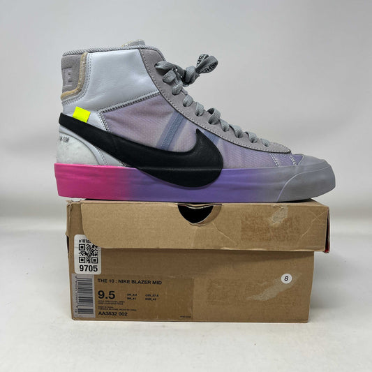 Nike Blazer Mid Off-White Wolf Grey sneaker with black swoosh and pink-purple gradient sole on box