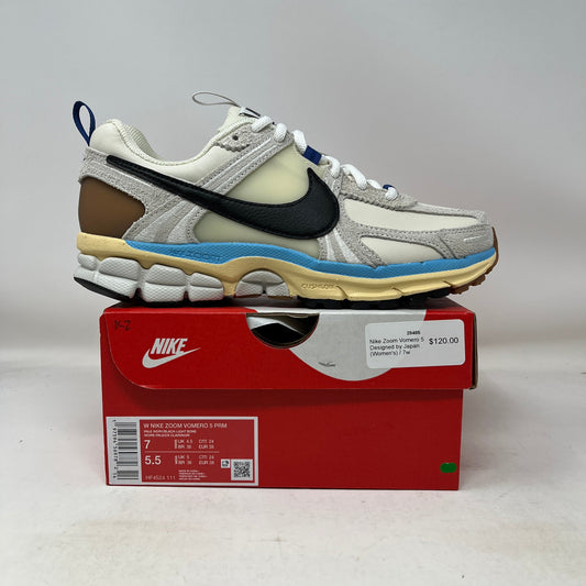 Nike Zoom Vomero 5 women's sneaker designed by Japan in beige, blue, and brown on red Nike box
