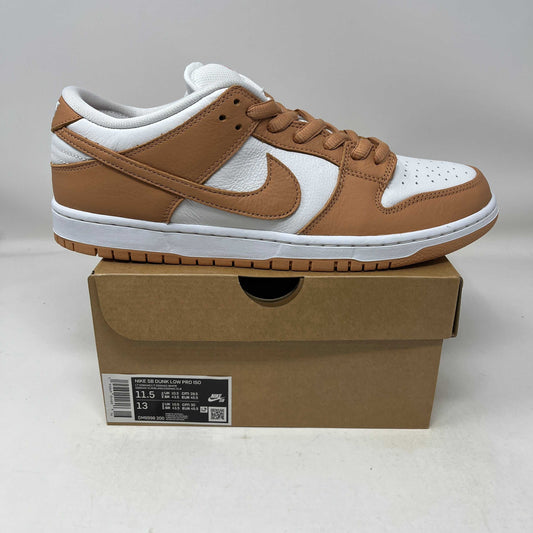 Nike SB Dunk Low Pro ISO sneaker in light cognac and white on box