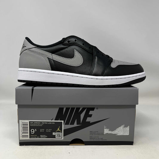 Jordan 1 Retro Low OG Shadow 2024 sneaker in black and grey on Nike box