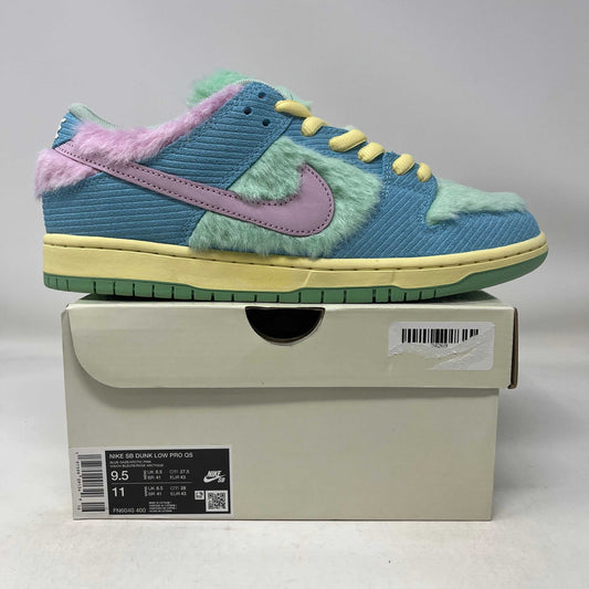 Nike SB Dunk Low Verdy Visty sneaker with pastel blue, green, pink, and yellow fuzzy accents on box
