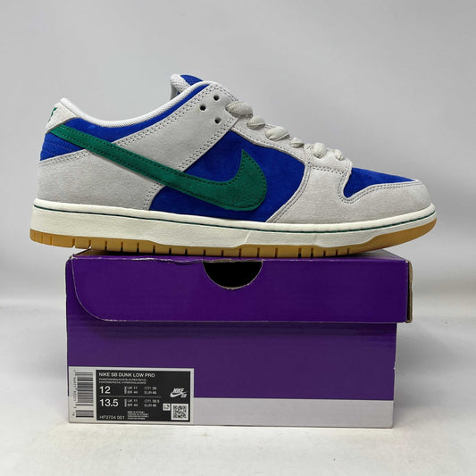 Nike SB Dunk Low Hyper Royal Malachite sneaker in blue, green, and gray on purple box, size 12 and 13.5